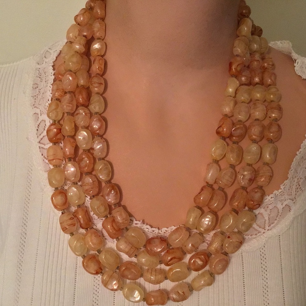 NECKLACE, 4 Strands, AMBER & CHAMPAGNE COLOR BEADS